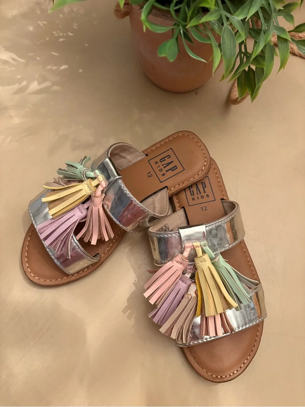 GAP Metallic Silver Kids Slide Sandals with Pastel Tassels